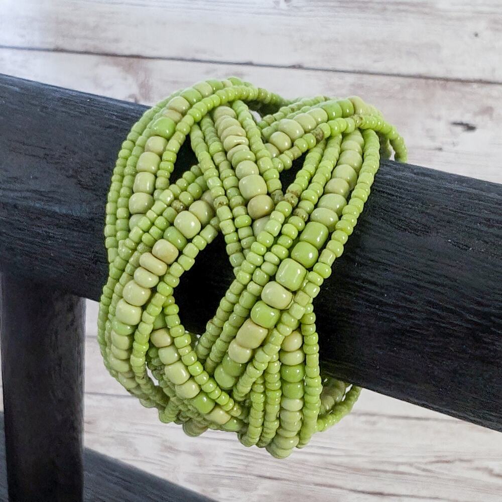 Vintage Bracelet Chunk Wide Statement Beaded Green Wrap Cuff Bracelet